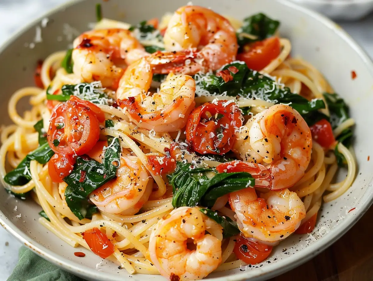 Tomato Spinach Shrimp Pasta