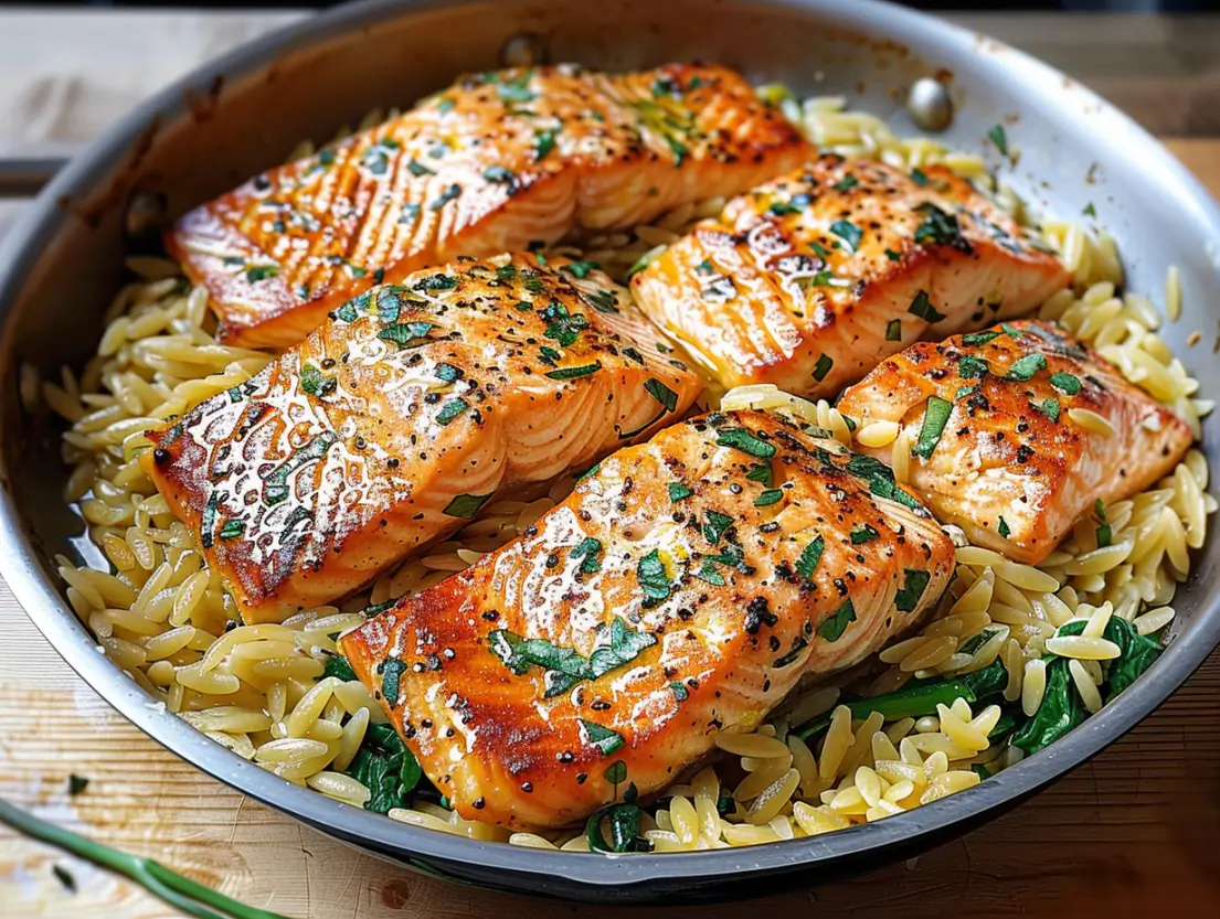 One Skillet Salmon with Lemon Orzo