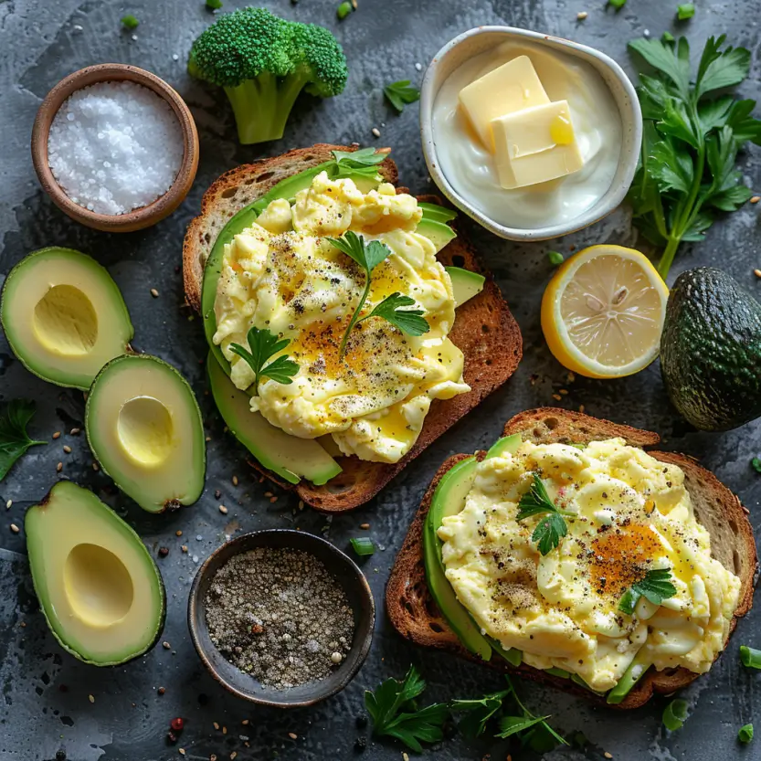 creamy scrambled eggs with avocado toast