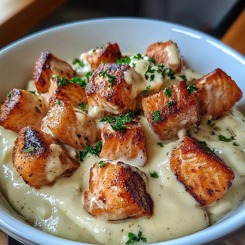 Air Fryer Salmon Bites with Garlic Cream Sauce