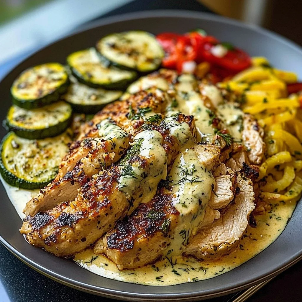 Lemon Dill Chicken Alfredo with Roasted Red Pepper Whipped Feta & Crispy Parmesan Zucchini