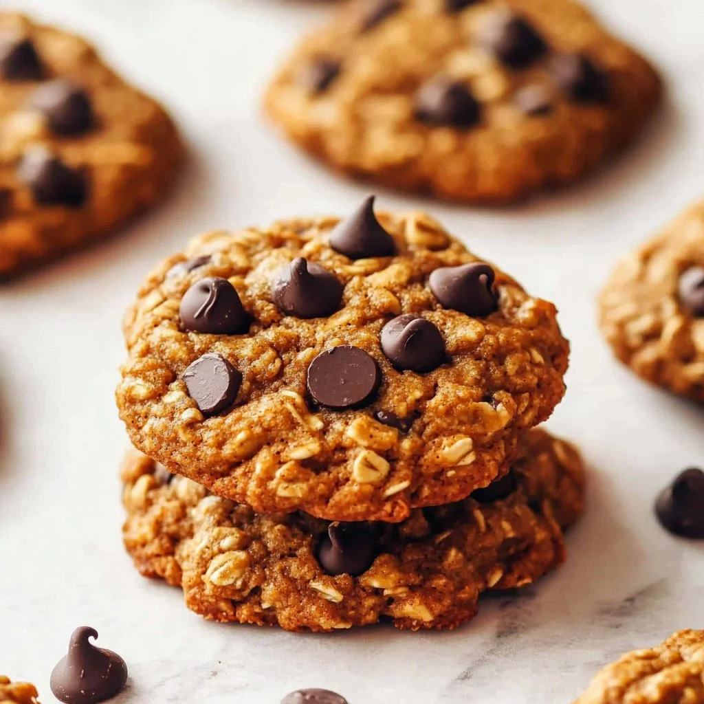 Soft and chewy pumpkin chocolate chip oatmeal cookies fresh from the oven.