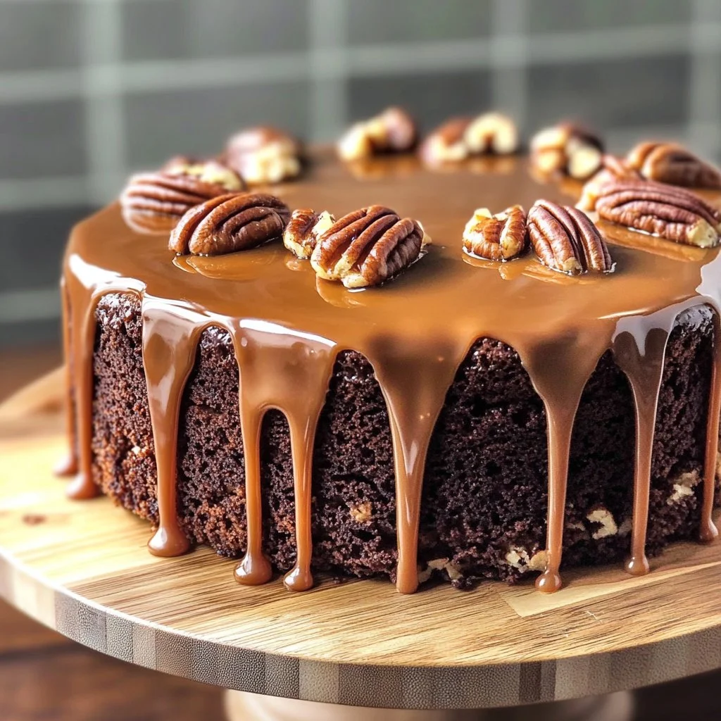 Slice of homemade chocolate turtle cake with caramel and nuts