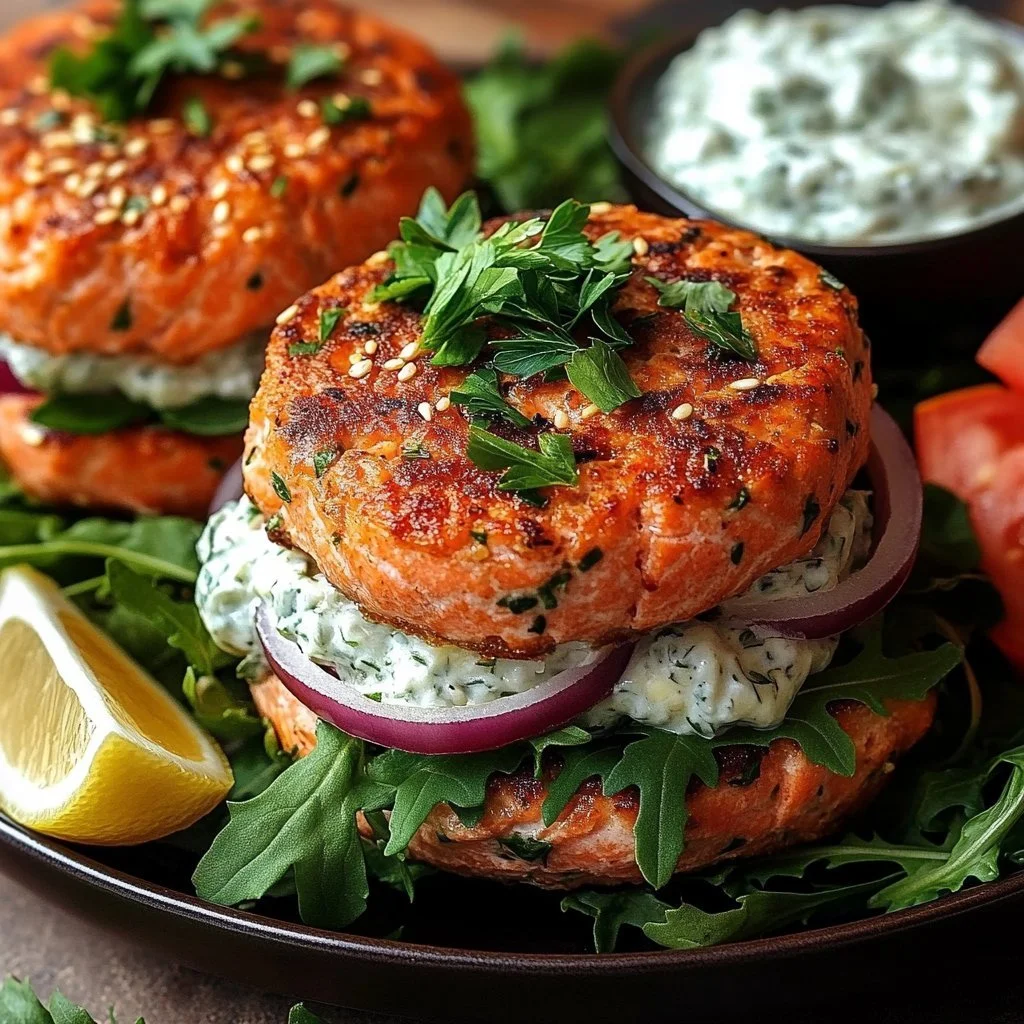 Salmon Burgers with Tzatziki