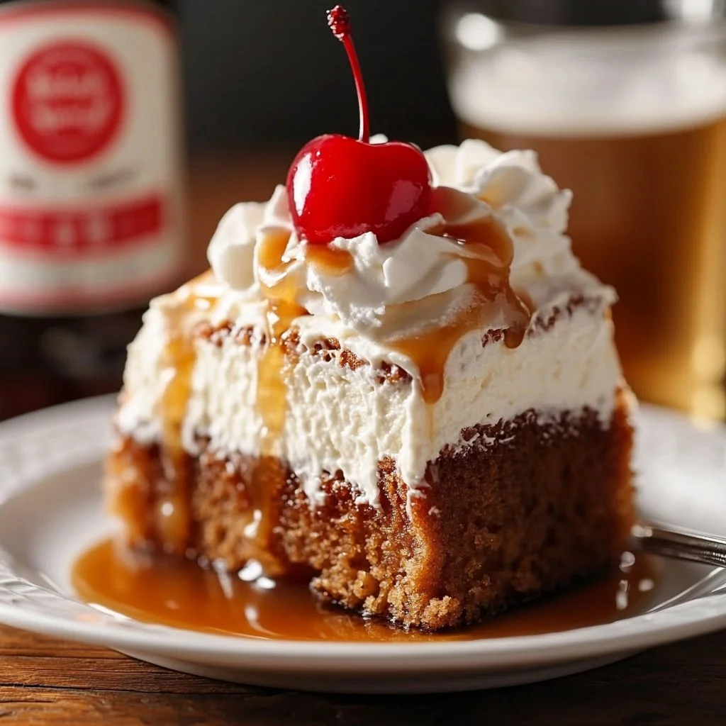 Vanilla Poke Cake with Root Beer Whipped Cream