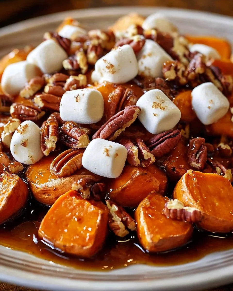 Caramelized Sweet Potato Bites with Marshmallows and Pecans