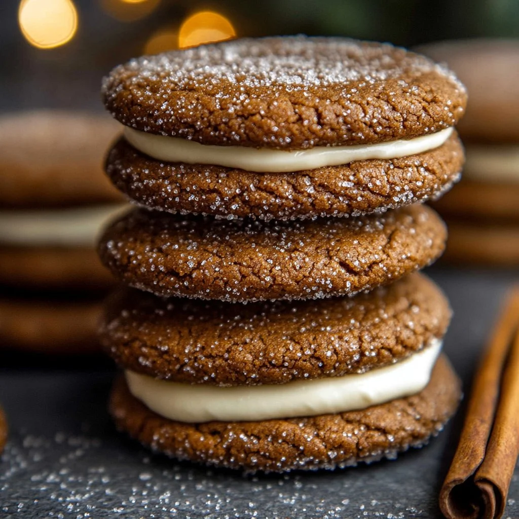 Ginger Molasses Sandwich Cookies with Eggnog Frosting