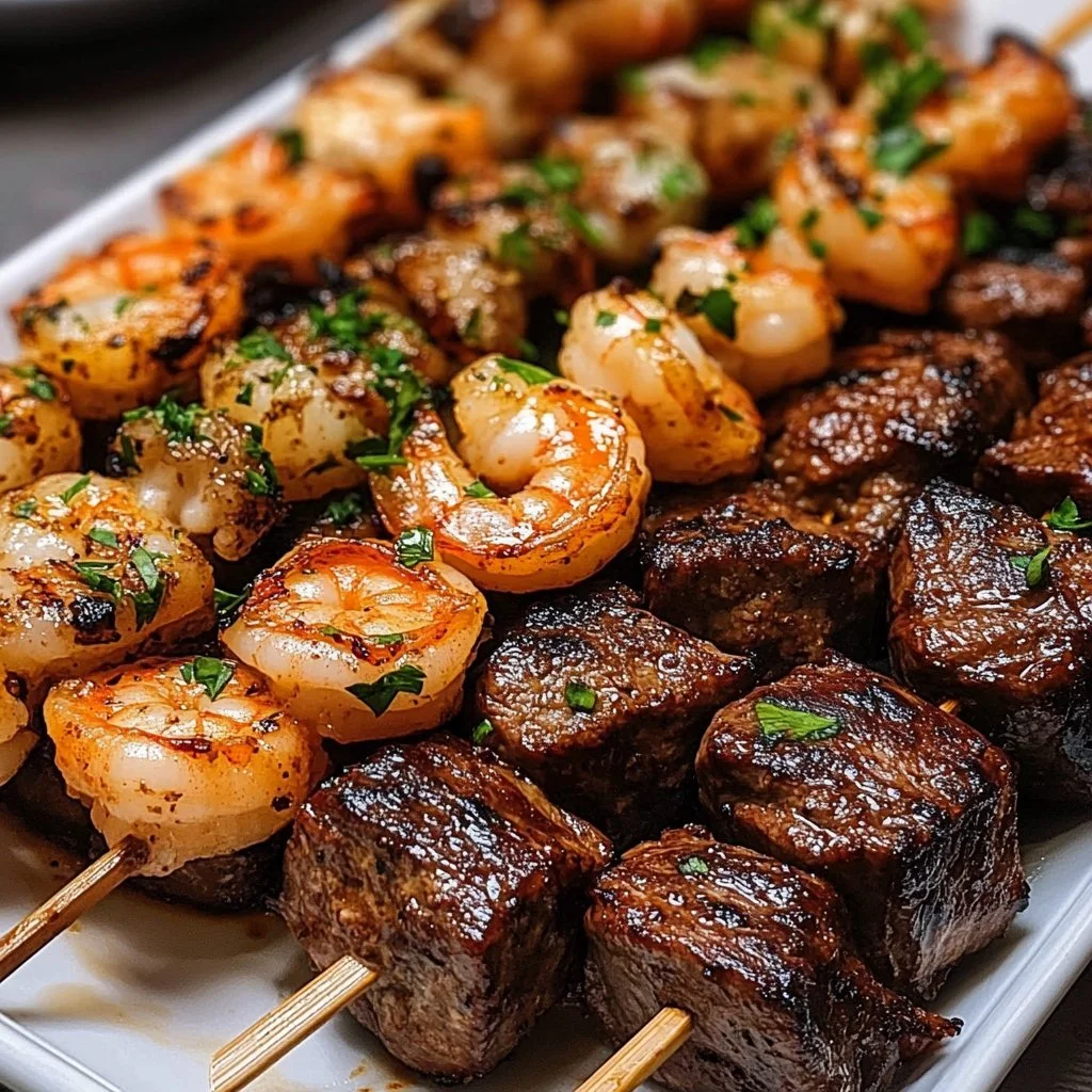 Grilled Steak and Shrimp Skewers with Garlic Butter
