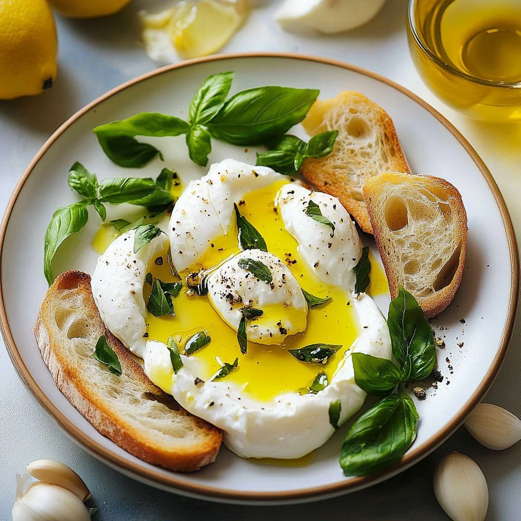 Lemon Basil Burrata with Garlic Toasts