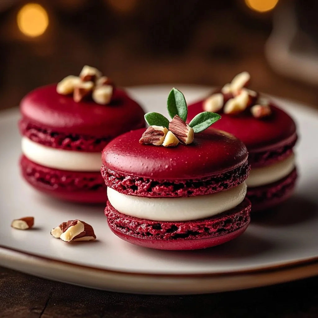 Savory Beet Macarons with Goat Cheese and Walnut Crunch