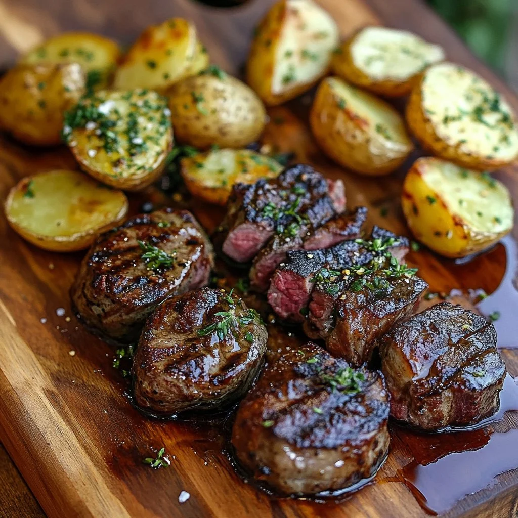 British Sausages and Garlic Butter Steak Bites with Cheesy Smashed Potatoes