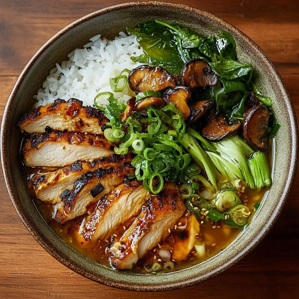 Crispy Chicken & Mushroom Bowl with Ginger-Garlic Broth