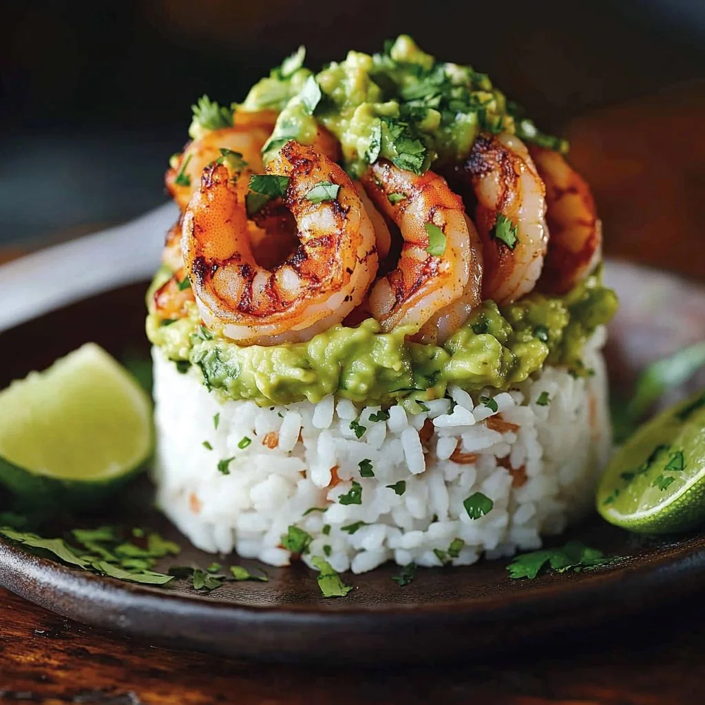 Honey Lime Shrimp & Avocado Rice Stack Recipe