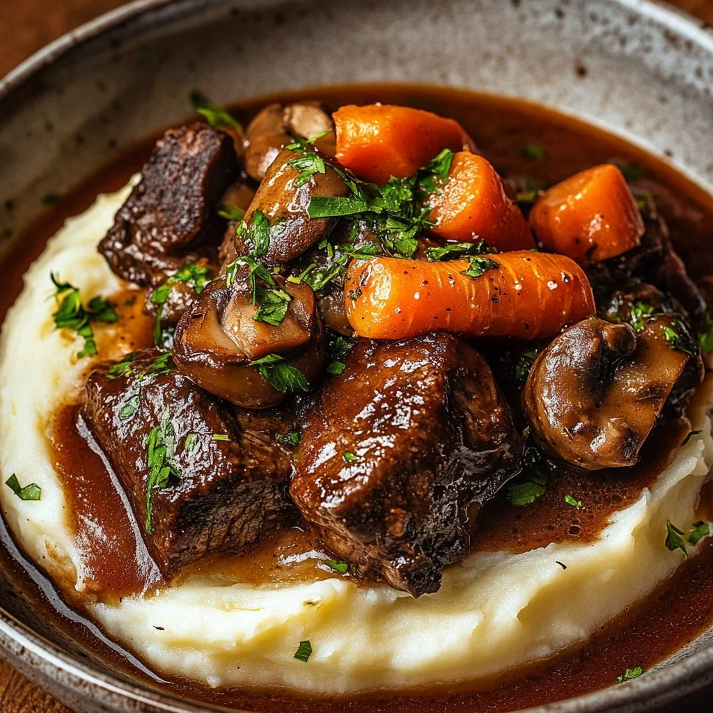 Slow-Braised Beef with Mushrooms, Leeks, and Carrots