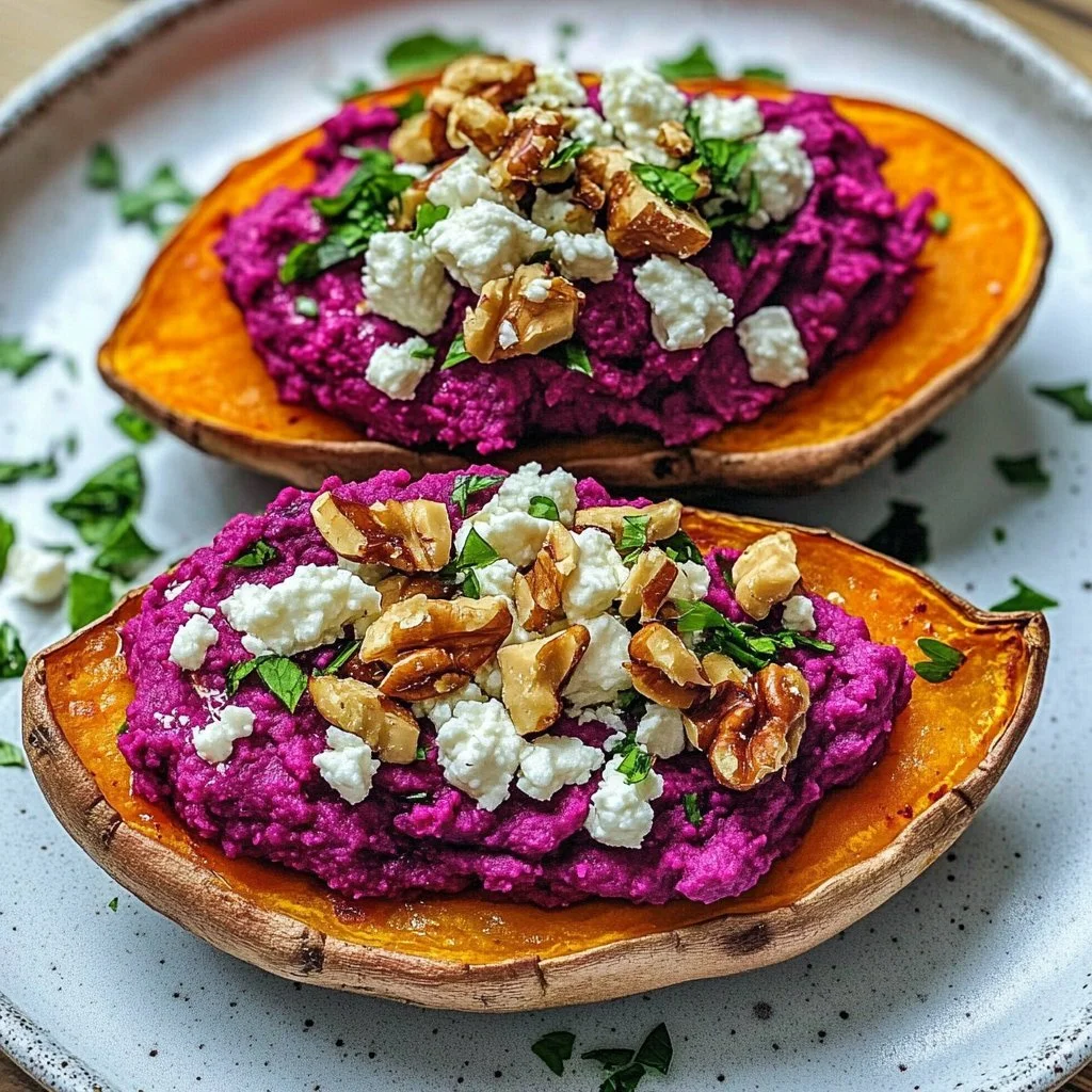Stuffed Sweet Potato with Beet Hummus, Goat Cheese, and Toasted Walnuts