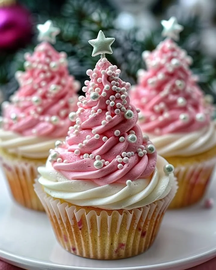 Vanilla Cupcakes with Pink Frosting and Edible Christmas Trees