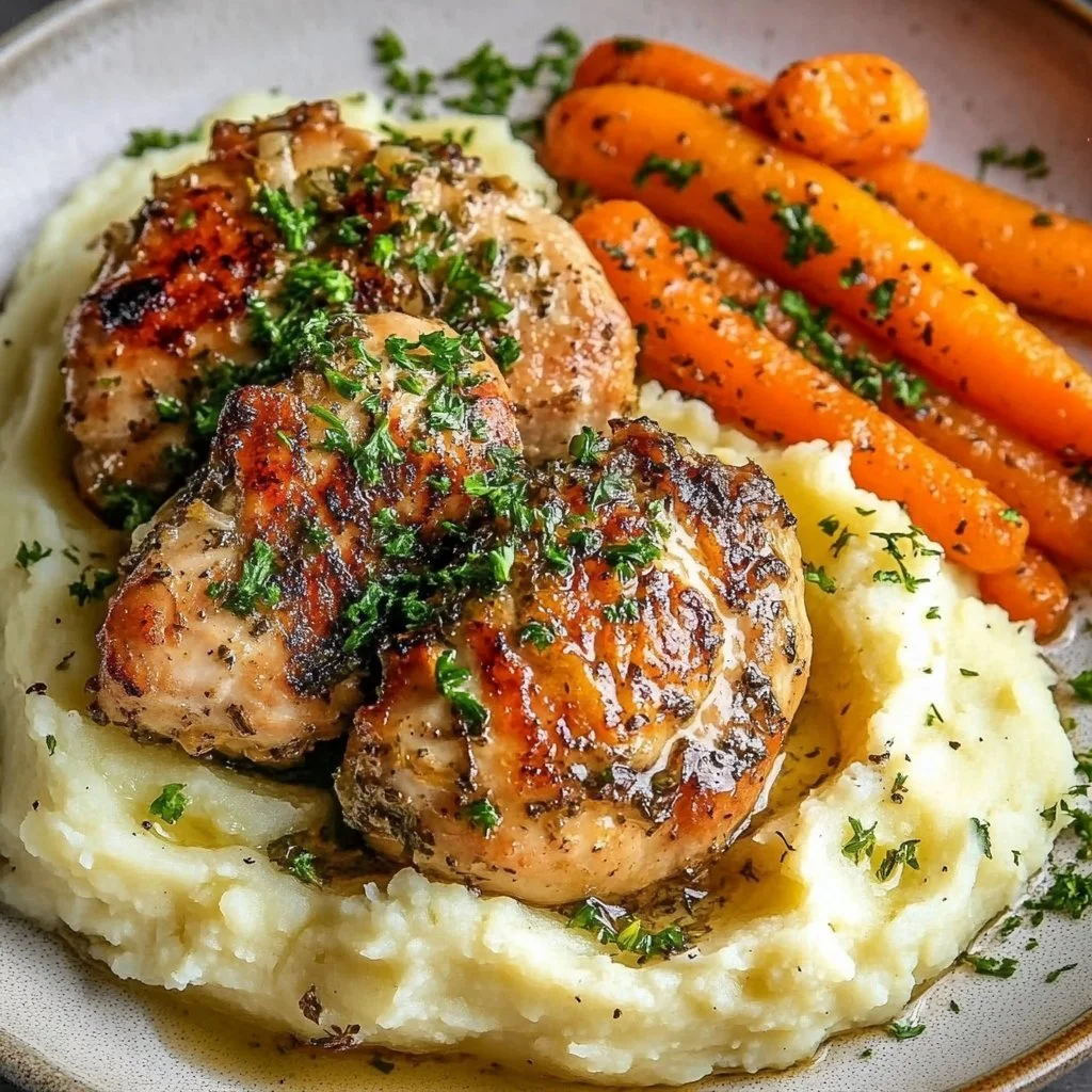 Garlic Herb Chicken with Creamy Mash & Roasted Carrots