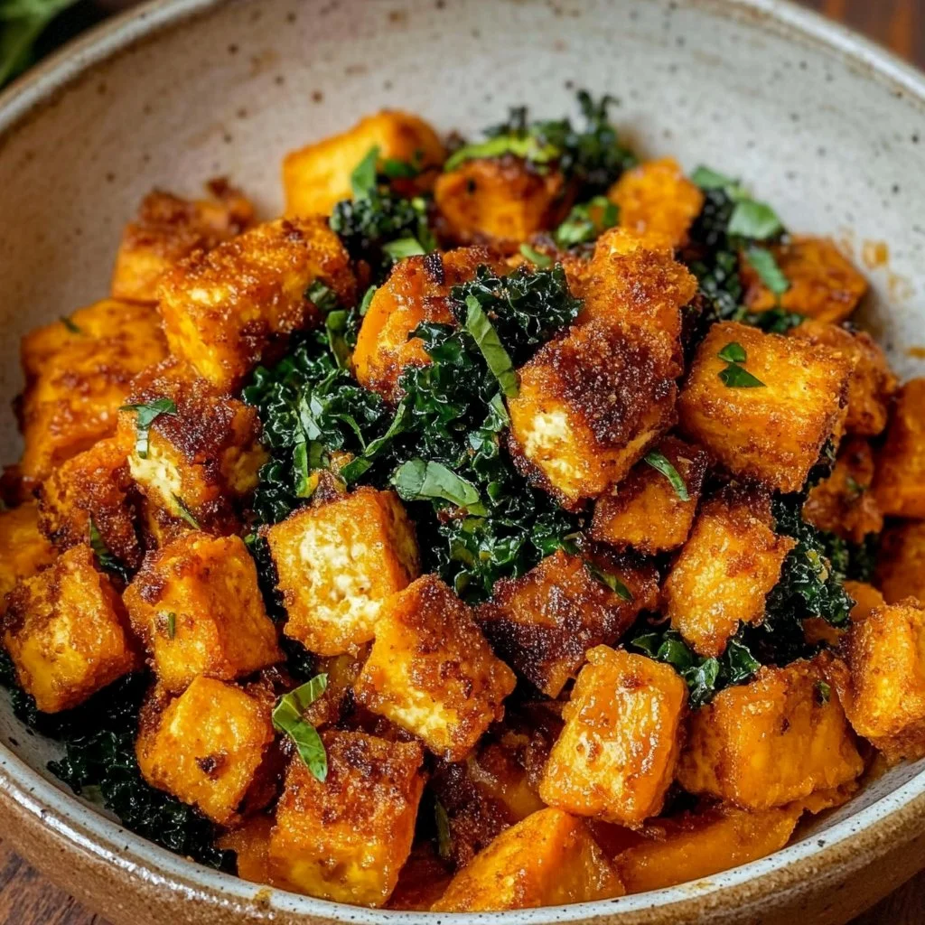 Maple Miso Sweet Potatoes with Cornmeal Tofu and Marinated Kale