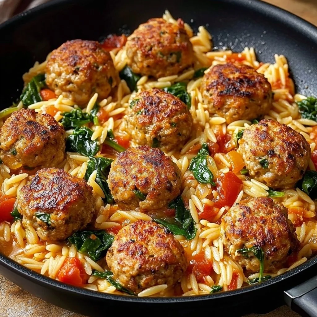 One Pan Tuscan Chicken Meatballs and Orzo
