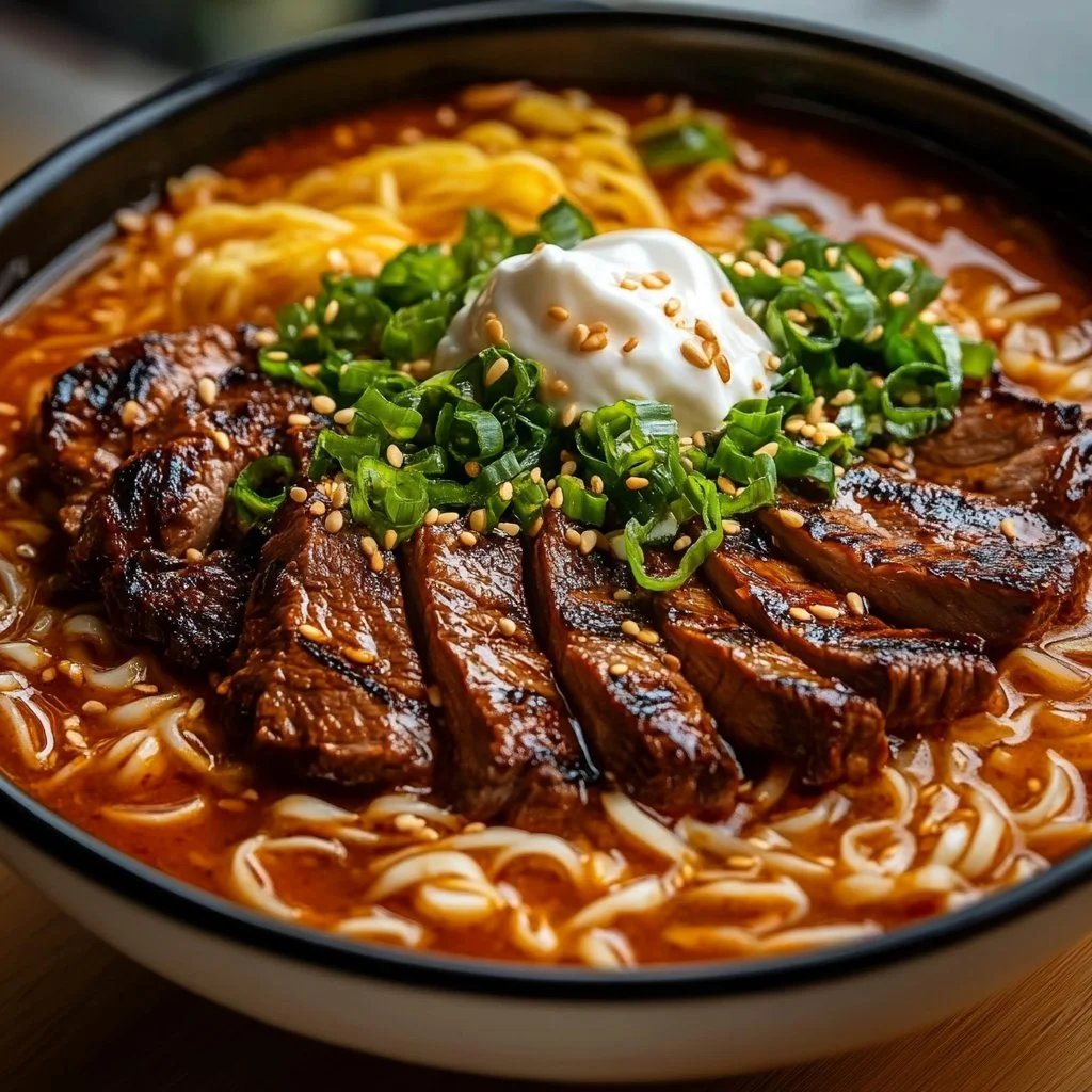 Spicy Korean Ramen With Grilled Beef Creamy Sauce